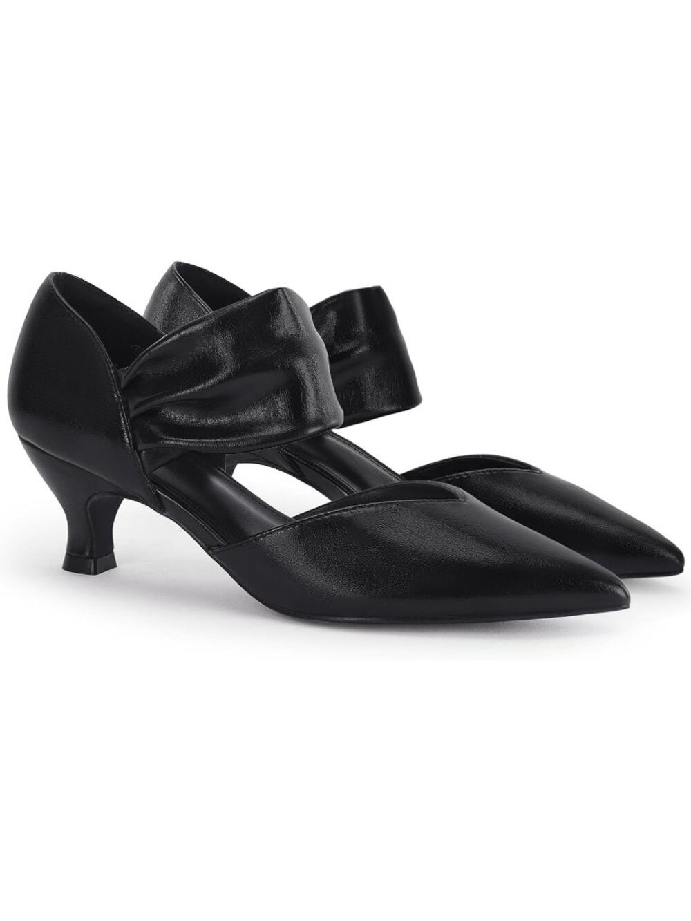 Women's Cool Black Low Kitten Heels Shoes Pointed Toe Slip on Ankle Strap Pumps